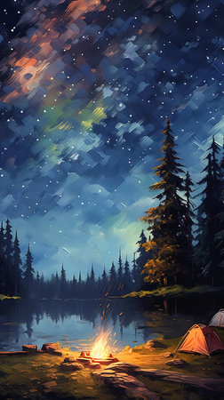 campfire middle lake tiny stars deer furry young night sky moon forest tall snowy urban, generative aiの素材