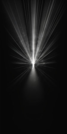 light beam cinema bright theater access corridor glowing glittery air slit scan conceptual white standing dimly lit room, generative aiの素材