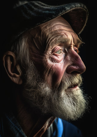 old man beard hat looks rugged ship captain eyes open wonder day city few wrinkles epically luminous, generative aiの素材