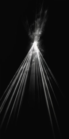 light beam projection design installation black tar particles slit scan beams sunlight abstract album cover reaching towards heavens plexus warping, generative aiの素材