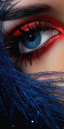 closeup womans eye red blue makeup girl love clothing romanticism center black wow factor splashes color stalks female beauty, generative aiの素材