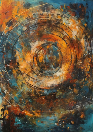 circular design blue background orange halo sation interconnections impasto details romanticism deep texture scrambler odyssey, generative aiの素材