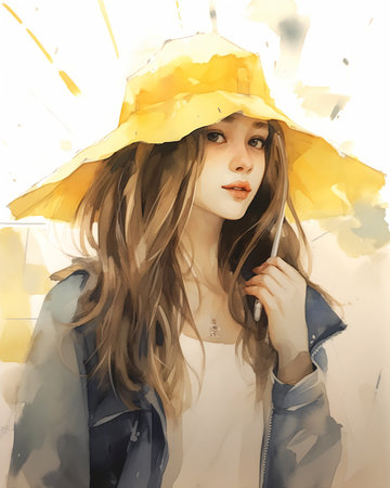 woman yellow hat jacket trend young girl generate face umbrella overall stylized portrait stunning drawing mana blue fedora striking manga warm sunshine, generative aiの素材