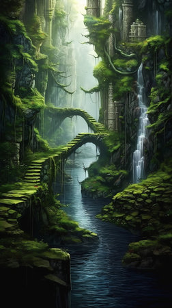 calming waterfall forest mossy trees stairs hell heaven masterful paradise long winding going down arches fallen columns bridges, generative aiの素材