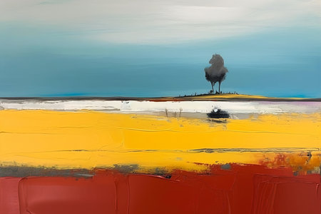 paint lone tree yellow red beach dawn soft organic abstraction crows boundary two lands tall grass, generative aiの素材