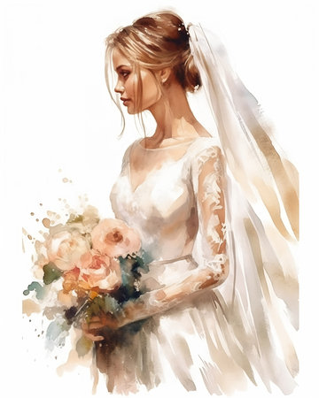 background bride bouquet flowers hand thick brush strokes talented white tunic cooper altar girl blonde hair profile storybook design, generative aiの素材