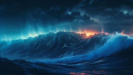 amazing large wave ocean sunset background storms dawn bluish darkest hour sounds waves monster ashore, generative aiの素材
