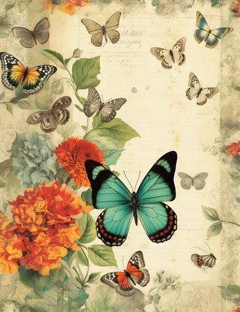 paper butterflies flowers vintage color scan notebook page listing designers republic chinese soft memories newspaper illustration, generative aiの素材