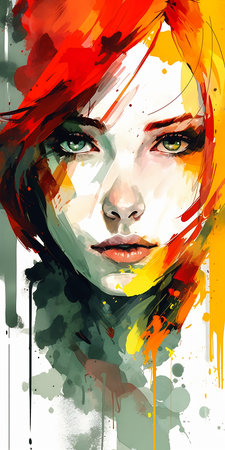 woman red hair hat stunning face portrait yellow painted oil color expressive princess begin goddess, generative aiの素材
