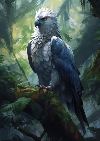 bird perched branch forest arcane silver blue color schemes fur scales beak eagle rainforest watcher sheng wow, generative aiの素材
