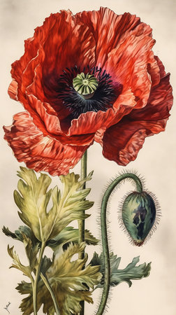 poppy red flower green stem bureau engraving printing botanical herbarium wonderland napoleonic princess anemones listing naturalistic technique, generative aiの素材