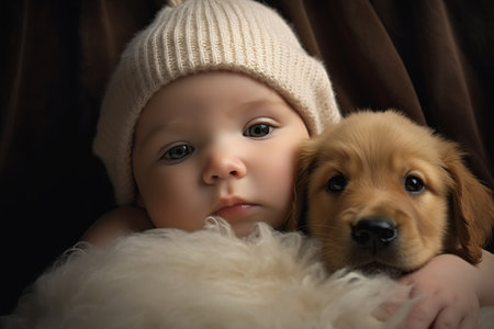 baby puppy laying blanket golden shining eyes hats fur humanoids kiss business products supplies benevolence, generative aiの素材
