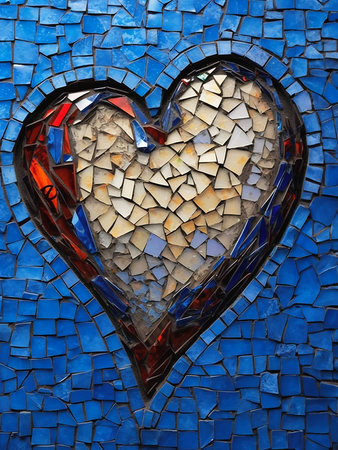 mosaic heart shown blue background recycled broken hearted rubble romantic, generative aiの素材