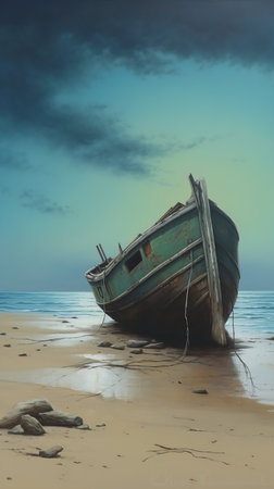 boat sitting sand beach loss despair alone soft wearing maritime clothing rubbles illustration, generative aiの素材