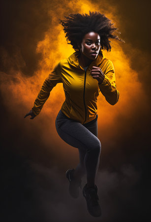 woman yellow jacket grey pants running studio black upper body avatar face hybrid stimulant training girl, generative aiの素材