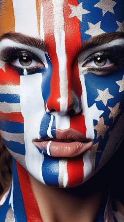 closeup woman painted face american flag marketing design liquid business products supplies each faces precisely define national geography, generative aiの素材