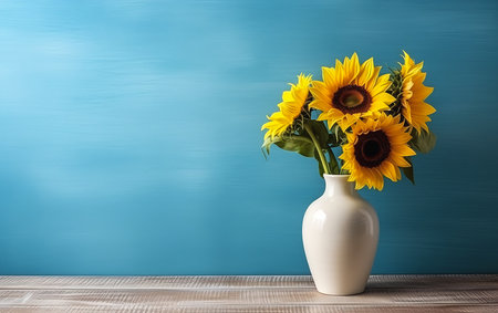 vase sunflowers table amazing blue background theme always sun paid assets happy minimal shading anomalous object bold colored walls radiate connection lighting steppe, generative aiの素材