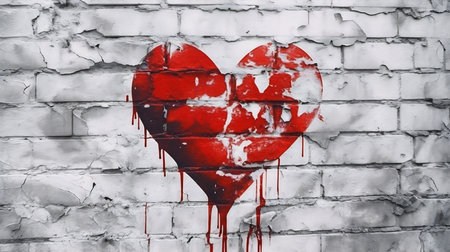 graffiti red heart white brick wall soundtrack blood air rivers simplistic design loosely cropped broken hearts protection degradation, generative aiの素材