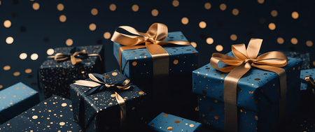 closeup blue gift boxes gold bows non binary model branches wrapped birthday presents short focus, generative aiの素材