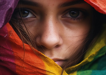 woman colored scarf covering face gazing eyes flag banner empathic closeup girl love light space humanization fierce, generative aiの素材