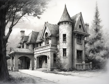 drawing large house tower top clayton crain exquisitely pencil location old, generative aiの素材