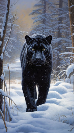 Black panther walking in snowy forest Seductive eyes and face Highly electric cats flying in ice Wow Big kitty cat St, generative aiの素材
