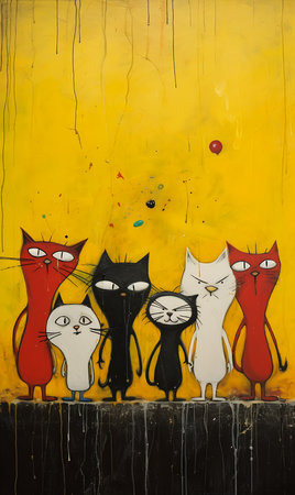 cats yellow wall red ball members sold auction anthropomorphic kitty cat kitten black dots, generative aiの素材