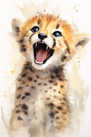 cheetah cub mouth open wide cute sports team mascot playful smile digital portrait angel store cheddar smiling laughing, generative aiの素材