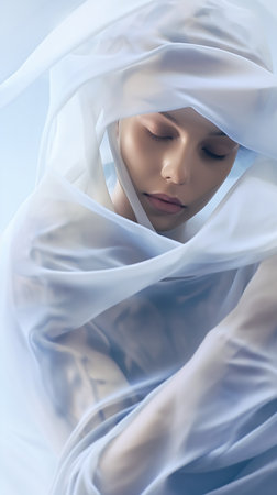 woman white veil dress eyes closed conceptual underwater soft colors draped transparent cloth blue face fraser element geometry business products supplies, generative aiの素材