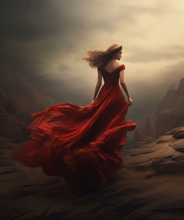 woman red dress walking rocky hill wind blowing hair flowing desert princess, generative aiの素材