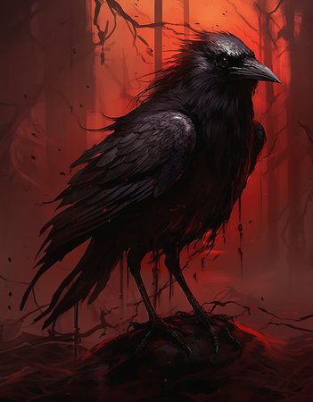 fan black bird sitting rock woods bloodbath battlefield background full body blurry portrait blood floors raven house spraying, generative aiの素材