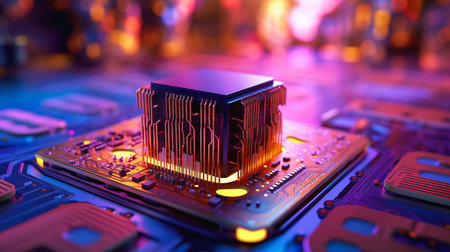 circ closeup cpu chip computer motherboard sparkling atmosphere tall obsidian architecture lasers tracing high tech marketplace well nuclear background, generative aiの素材