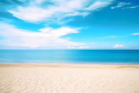 sky beach blue white sand young borders avatar green grass floating powerful zen state blur dreamy outdoor empty space anomalies full background, generative aiの素材