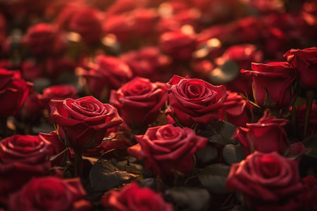 closeup field red roses sun shining horrible gorgeous greed romantic, generative aiの素材