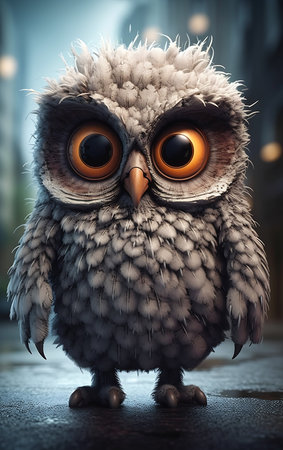 eye small owl big eyes standing street stimulant cartoon portlet exasperated expression cute animal silver marge superb, generative aiの素材