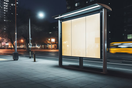 bus stop night metallic surfaces rustic secure portal black background glass buildings backlit storefronts outdoors lighting empty, generative aiの素材