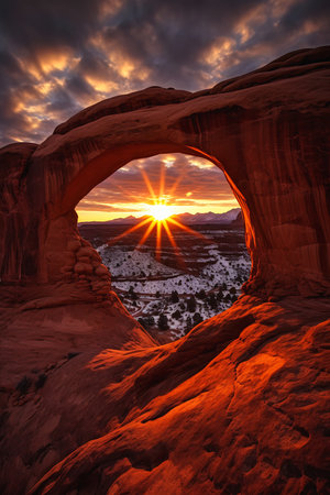 view sunset window rock formation ring fire massive arch high noon cold light sun sparkling arches giant, generative aiの素材