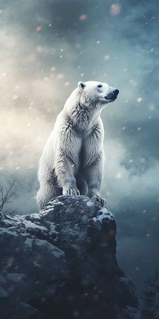 A polar bear is sitting on a rock in the snow, its profile streaming used bright. The phenomenon princess white fractals is beautiful to behold.の素材