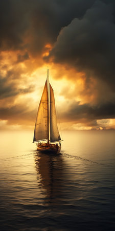 The image depicts a sailboat on the ocean at sunset, with clouds and stray passages creeping forward. The golden mean is a great way to capture the beauty and serenity of the scene.の素材