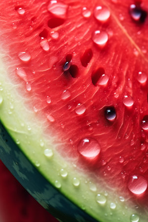 This closeup slice of watermelon looks delicious, with deep red flesh and bright black seeds. It&#39;s the perfect summer fruit, and would make a great addition to any picnic or barbecue. The deep droplets of water on the surface of the fruit make it look even more refreshing, and the paled coloring of the skin gives it a beautiful, ethereal quality.の素材