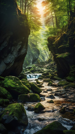 A stream runs through a forest filled with green moss. The sun rises over two mountains inside a gorge. Business products and supplies are scattered around giant rocks. Enchanted dreams zoomed out todays nature sycamore.の素材