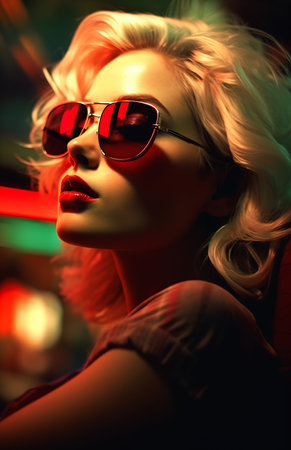 The blond woman in red sunglasses is having a dreamy moment as she sits in her car. She looks like a porcelain doll with her white skin and love for mannequins. She&#39;s enjoying her nightlife and looking forward to what the future holds.の素材