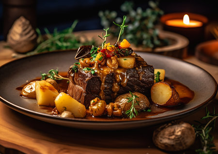closeup plate food potatoes meat accent lighting onyx medieval tavern princess winter forest professional shooting evokes delight price beef, generative aiの素材