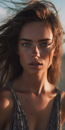 closeup woman long hair beach models female light freckles fur attractive girl tomboy eyes, generative aiの素材