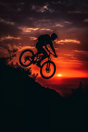 person riding bike hill sample left align content vertical profile action sports expectation adventure outdoors night climbing underexposed overlooking, generative aiの素材