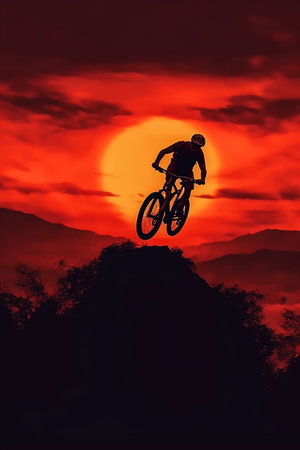 man riding bike mountain red eerie sky adventure heavy metal movie triumphantly sun young, generative aiの素材