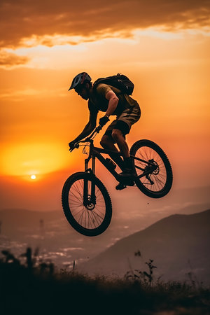 man riding bike air sunset mountain helmet massive vertical grand prix race last light top extreme log best precious metals bhutan foundry chemically propelled carved, generative aiの素材