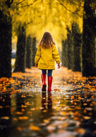 little girl yellow raincoat red boots walking puddle golden leaves creepy feelings facing forward petals falling, generative aiの素材