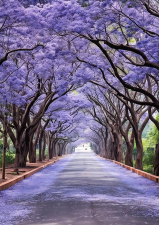 view street lined purple trees bench africa enchanted dreams giant archways prize color blossoming path heaven legislature wow oak, generative aiの素材