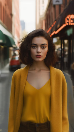 woman yellow top brown pants standing city street portrait wearing cardigan fashion model face short hair carpenter red lips young girl, generative aiの素材